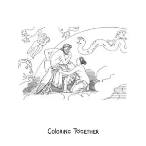 Coloring page of Thetis and Zeus on his throne