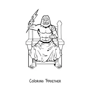 Coloring page of the god Zeus hurling a lightning bolt on his throne
