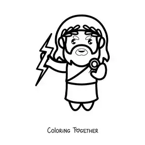 Coloring page of the god of Greek mythology Zeus in kawaii style with a lightning bolt
