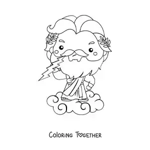 Coloring page of Zeus in kawaii cartoon style throwing a lightning bolt from a cloud