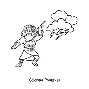 Coloring page of Zeus the Greek god in cartoon style throwing lightning bolts