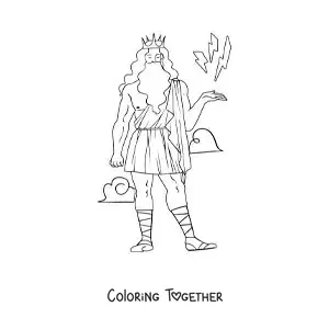Coloring page of a cartoon Zeus controlling lightning