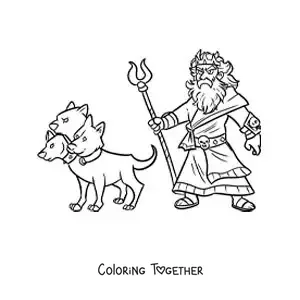Coloring page of the god Hades in cartoon style with his dog Cerberus