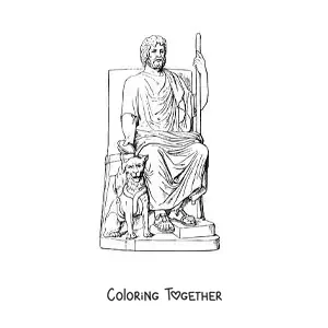 Coloring page of the realistic god Hades on his throne with Cerberus
