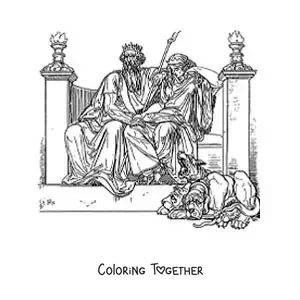 Coloring page of Hades and Persephone in the underworld with Cerberus