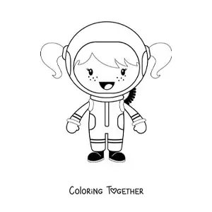 Coloring page of a smiling animated girl astronaut