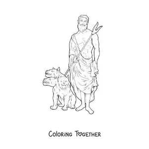 Coloring page of a realistic Hades with his three-headed dog Cerberus