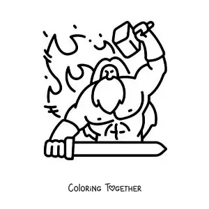 Coloring page of Hephaestus animated forging a sword at his forge