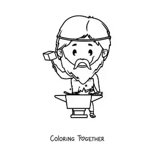 Coloring page of Hephaestus the blacksmith god in animated kawaii style