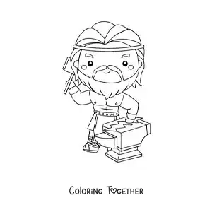 Coloring page of the Greek god Hephaestus in animated kawaii style forging a lightning bolt