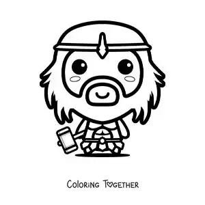 Coloring page of the Greek god Hephaestus and his kawaii hammer