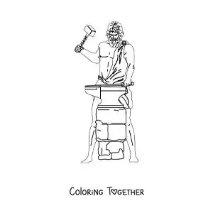 Coloring page of the realistic god Hephaestus forging a sword
