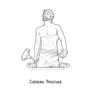 Coloring page of Hephaestus the realistic Greek god with his hammer