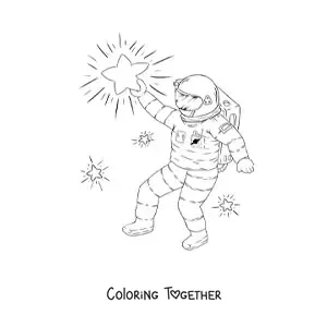 Coloring page of an astronaut reaching for a star with its arm