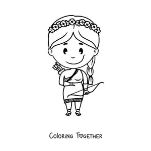 Coloring page of the goddess Artemis in animated kawaii style