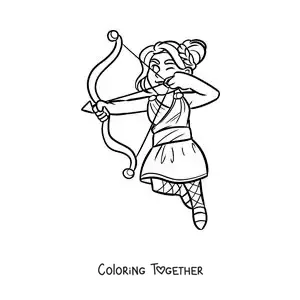 Coloring page of the goddess Artemis animated shooting an arrow
