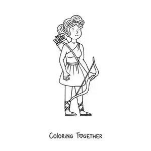 Coloring page of an animated Artemis with her bow and arrows