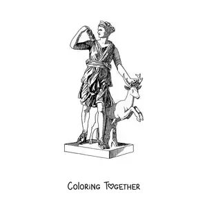 Coloring page of a statue of Artemis and a deer