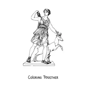 Coloring page of a realistic Artemis with a deer