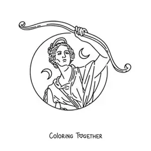 Coloring page of the goddess Diana with her bow