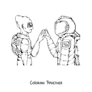 Coloring page of an astronaut and an alien