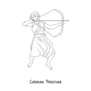 Coloring page of a realistic Artemis hunting