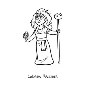 Coloring page of the goddess Hera, animated, with a peacock feather
