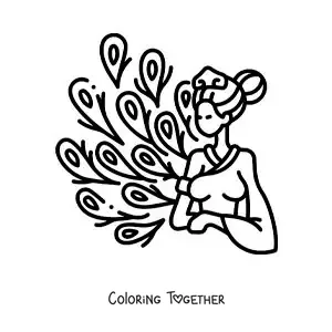Coloring page of the Greek goddess Hera with peacock feathers