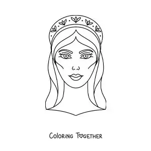 Coloring page of the face of Hera the Greek goddess with her crown