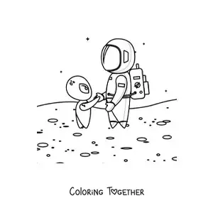 Coloring page of an astronaut and a martian on the surface of Mars