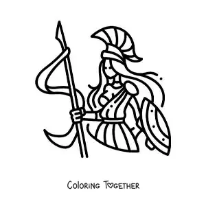 Coloring page of the animated goddess Athena with her helmet and shield