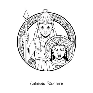 Coloring page of Athena and her warrior helmet with a spear and her shield