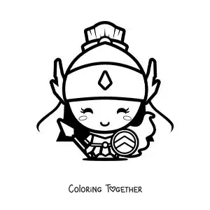 Coloring page of Athena and her warrior helmet, kawaii style