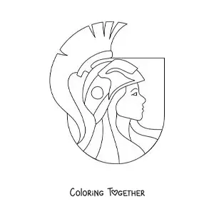 Coloring page of the face of the warrior goddess Athena with her helmet