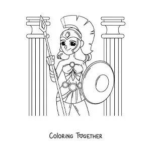 Coloring page of the animated goddess Athena with her spear and armor
