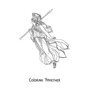 Coloring page of the realistic goddess Athena with her spear and her helmet