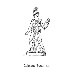 Coloring page of a statue of the realistic Greek goddess Athena with her shield