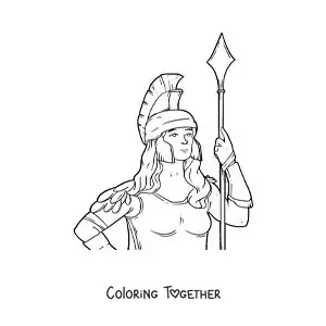 Coloring page of Athena with her helmet and her spear in a realistic style