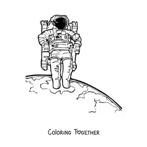 Coloring page of an astronaut in a realistic spacesuit floating above the Earth