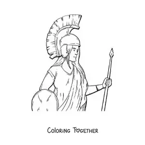 Coloring page of Athena with her helmet and her shield in a realistic style