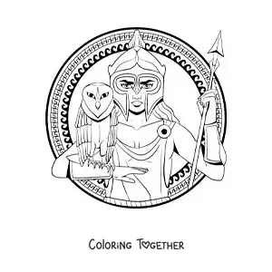 Coloring page of the animated goddess Athena with her owl and her helmet