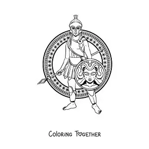 Coloring page of the animated Greek goddess Athena with her shield and her helmet
