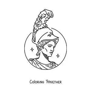 Coloring page of the face of the goddess Athena with her helmet