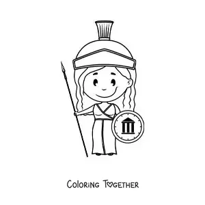 Coloring page of Athena and her spear in an animated kawaii style