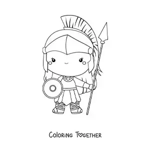 Coloring page of Athena, kawaii and animated, with her shield and her helmet