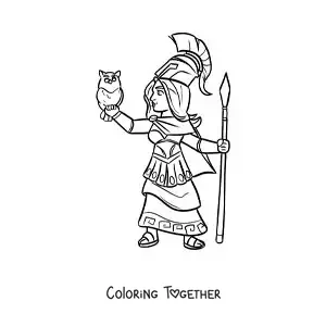 Coloring page of Athena the goddess of wisdom, animated, with her owl