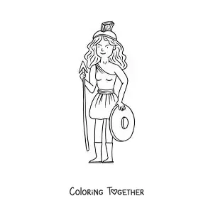 Coloring page of Athena the animated Greek goddess with her warrior spear and shield
