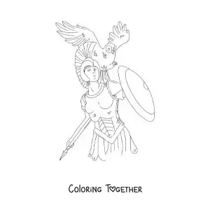 Coloring page of the goddess Athena with her owl and shield in a realistic style