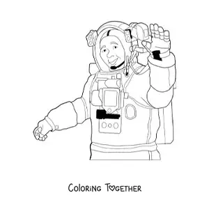 Coloring page of a realistic astronaut waving