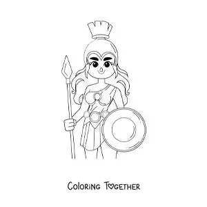 Coloring page of the goddess Athena with her helmet and shield in an animated style